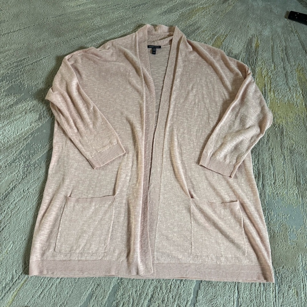 Eileen Fisher Organic Linen Cotton pink Cardigan open front pockets 1X